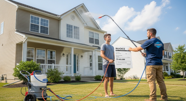 Soft washing a house exterior with low pressure