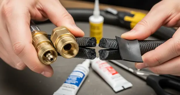 Repairing a damaged pressure washer hose using couplers and patch kits