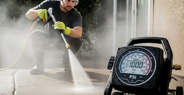 pressure washer cleaning driveway with high psi