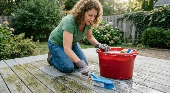 Homeowner cleaning a wood deck with a soft brush and bucket without using a pressure washer