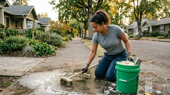 Person cleaning sidewalk with brush and bucket without pressure washer using DIY cleaning solution