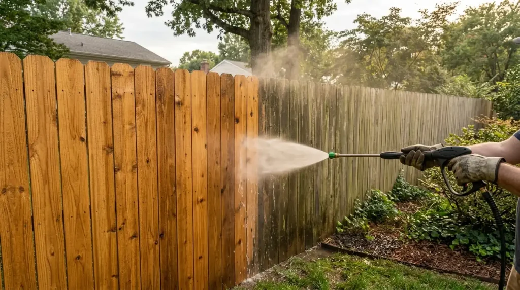 Technician cleaning green algae off a wooden fence using low-pressure fan spray to protect wood fibers