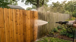 Technician cleaning green algae off a wooden fence using low-pressure fan spray to protect wood fibers