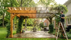 Technician gently cleaning an outdoor cedar pergola with a low-pressure fan spray to protect wood grain and paint