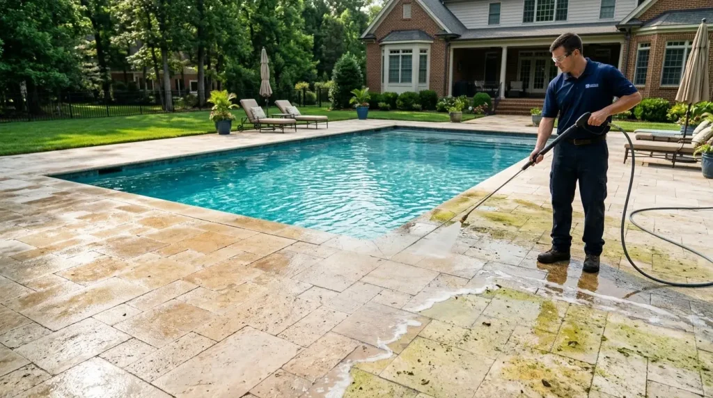 Technician safely cleaning a swimming pool deck with low pressure to avoid surface damage and protect pool water