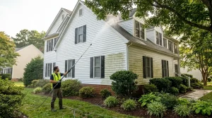 Soft washing green algae off north-facing vinyl siding on a residential home in Richmond VA