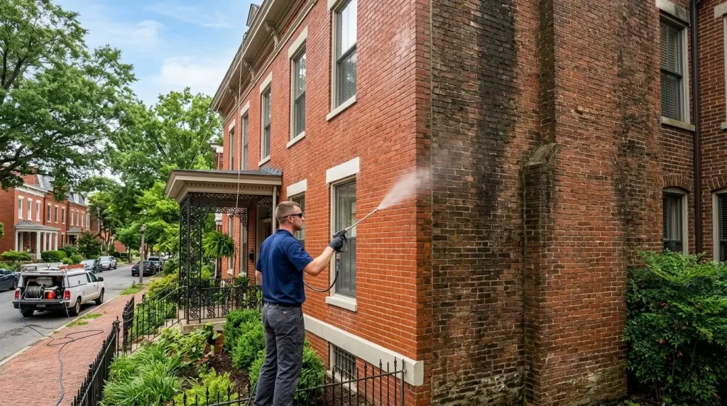 Professional soft washing of a historic red brick home in Richmond Virginia without damaging mortar or masonry