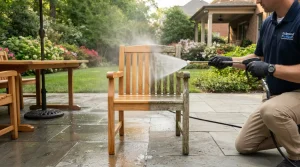 Technician safely cleaning a wooden patio chair using low-pressure fan spray to protect the finish