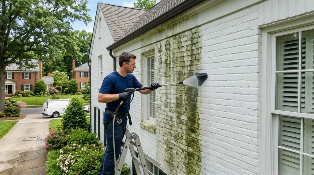 Professional low pressure cleaning of a painted brick home in Richmond Virginia without peeling the paint film