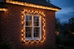 Christmas string lights hanging on a red brick house around a window at dusk