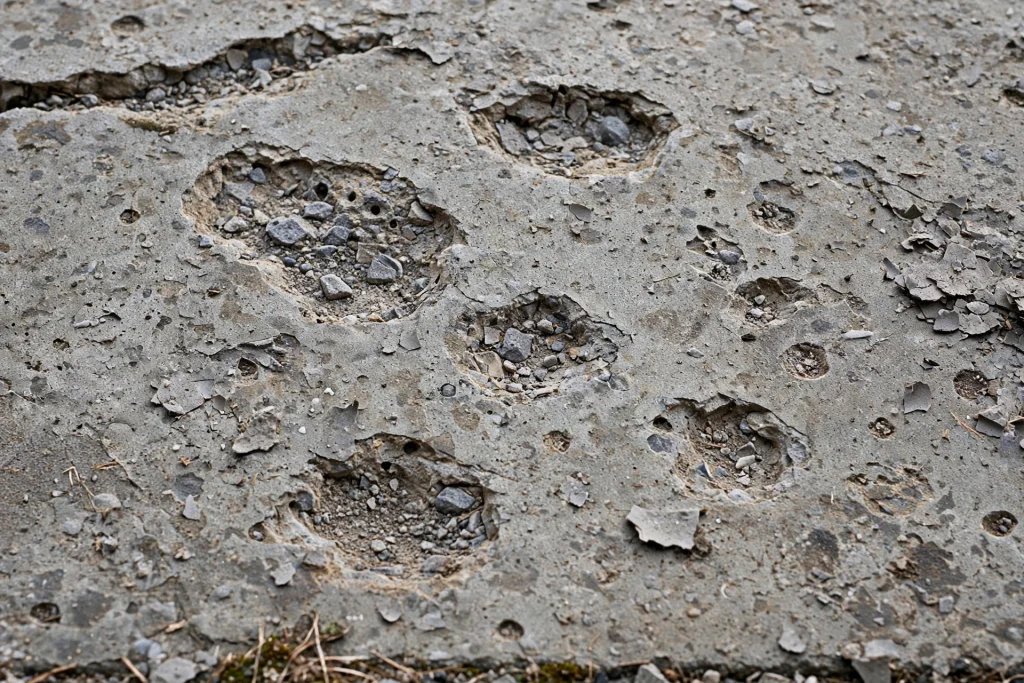 Flaking and spalling concrete driveway surface after winter.