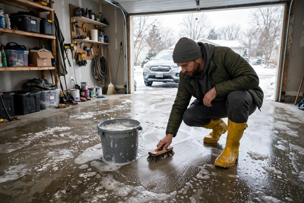 Person scrubbing a concrete garage floor with a brush after winter, bucket of soapy water nearby.