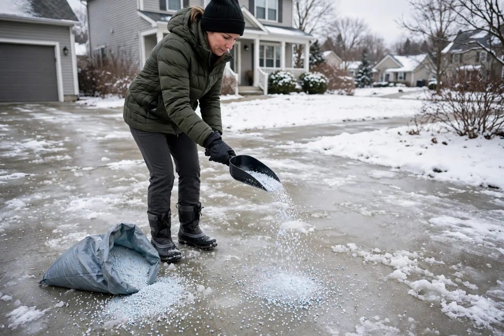 Person spreading ice melt granules on an icy concrete driveway.
