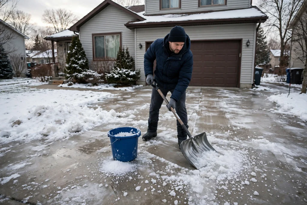 Person shoveling ice from a residential driveway in winter.