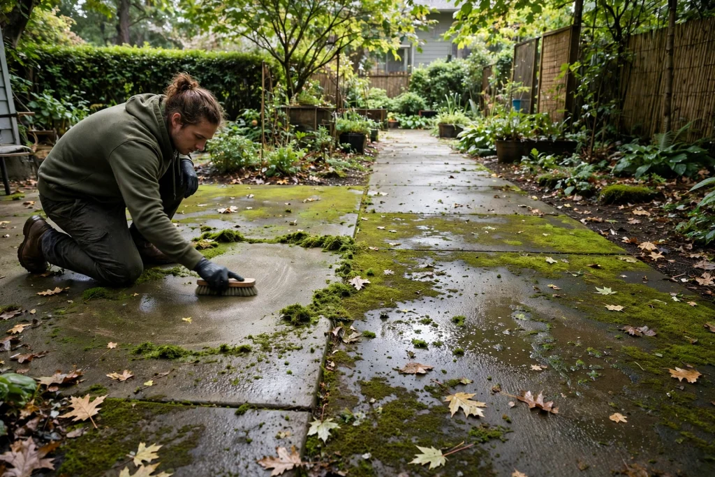 Person scrubbing green moss off a concrete patio and walkway in a shaded garden.