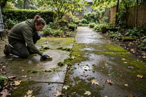Person scrubbing green moss off a concrete patio and walkway in a shaded garden.
