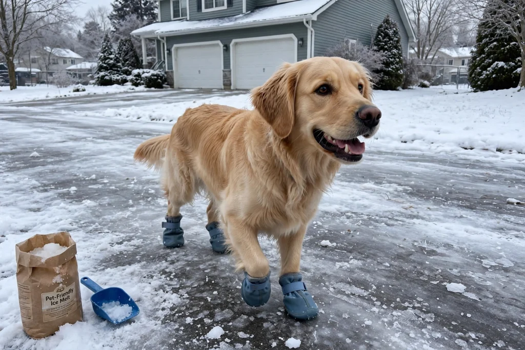 Dog wearing booties walking on an icy driveway with pet-friendly ice melt.