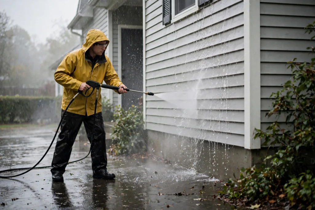 Person pressure washing house siding in light rain wearing a yellow rain jacket.