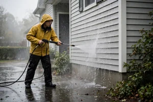 Person pressure washing house siding in light rain wearing a yellow rain jacket.