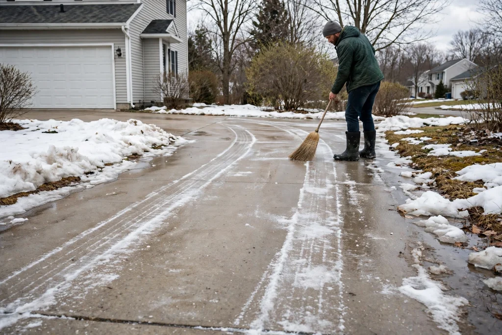 Concrete driveway with white salt residue along tire tracks being swept in early spring