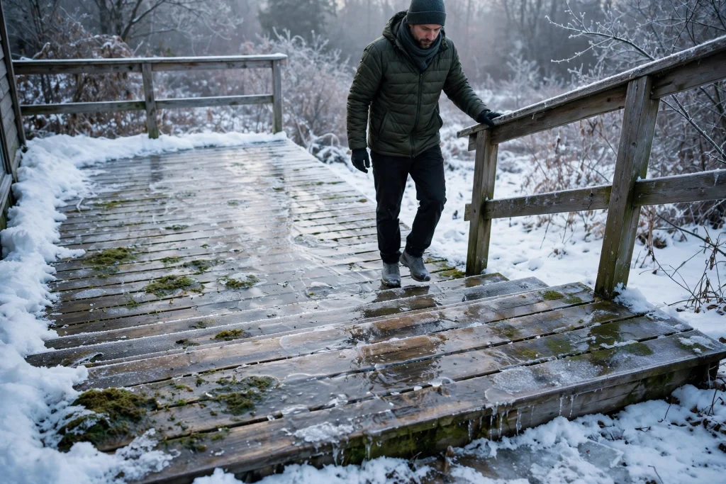 Person carefully walking on an icy, algae-covered wooden deck in winter holding the handrail