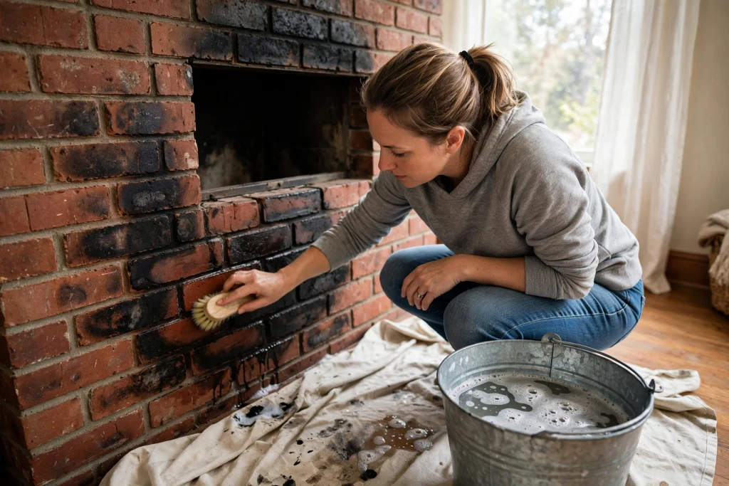 Person scrubbing soot off red brick around a fireplace with a soft brush