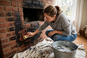 Person scrubbing soot off red brick around a fireplace with a soft brush