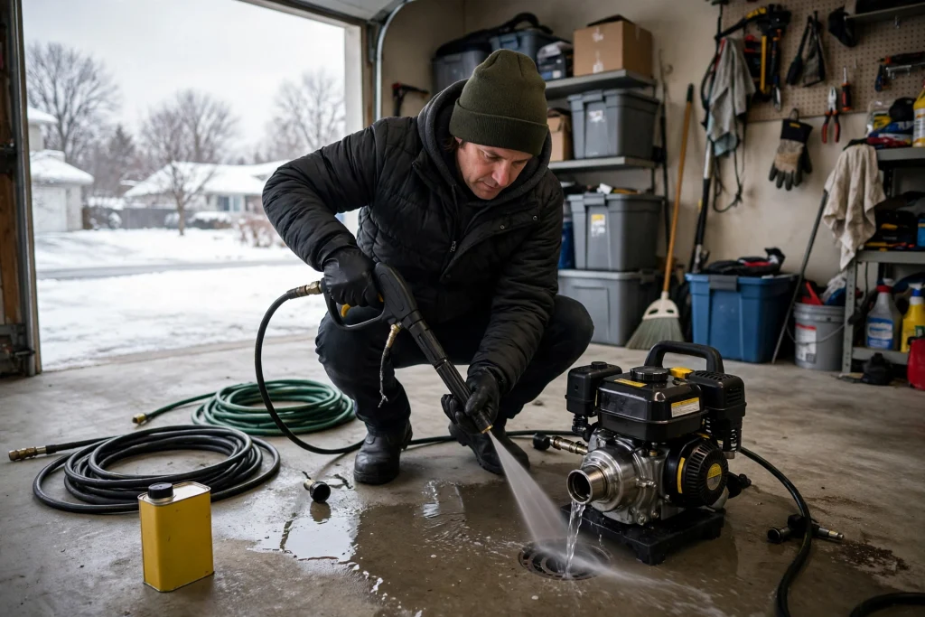 Person winterizing a pressure washer in a garage, draining water with hoses coiled nearby.