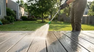 Pressure washing a capped composite deck using a wide fan tip nozzle at safe working distance