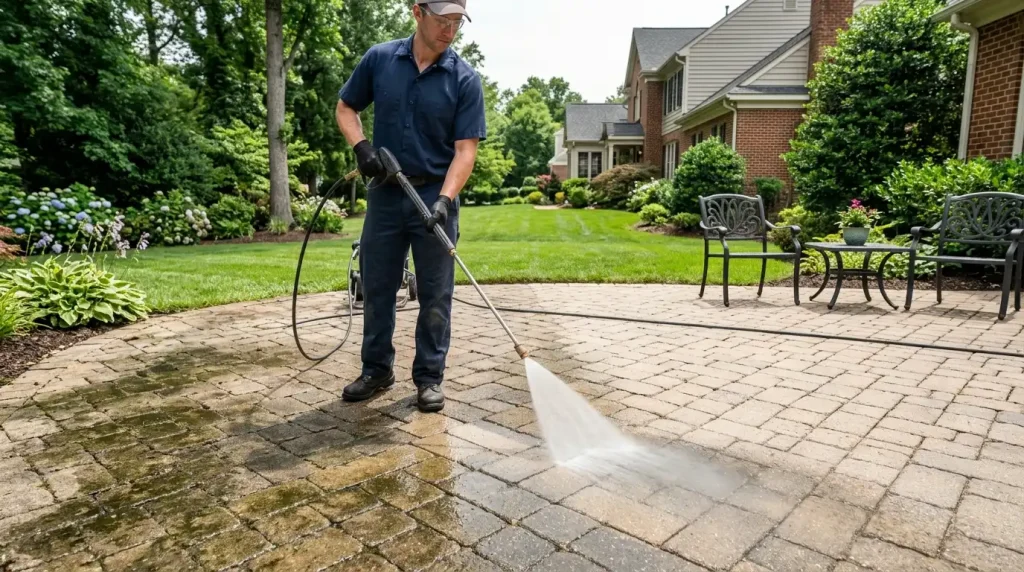 Professional cleaning of an interlocking concrete paver patio in Richmond Virginia without washing out joint sand