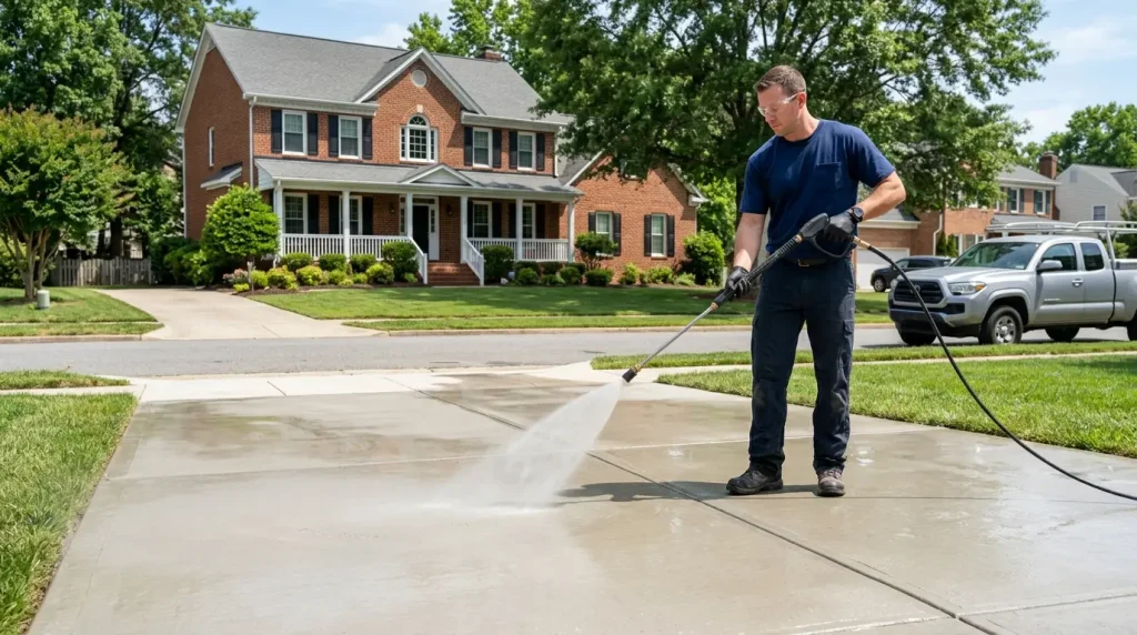 Professional low pressure cleaning of a newly cured concrete driveway in Richmond Virginia safely during curing period