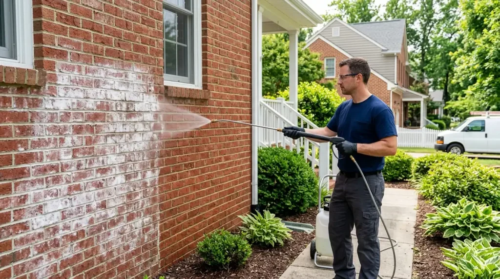 Professional removal of white efflorescence mineral salt stains from a residential red brick wall in Richmond Virginia without damaging masonry